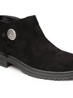Minnetonka Women’s Black Suede Ankle Boot with Decorative Button